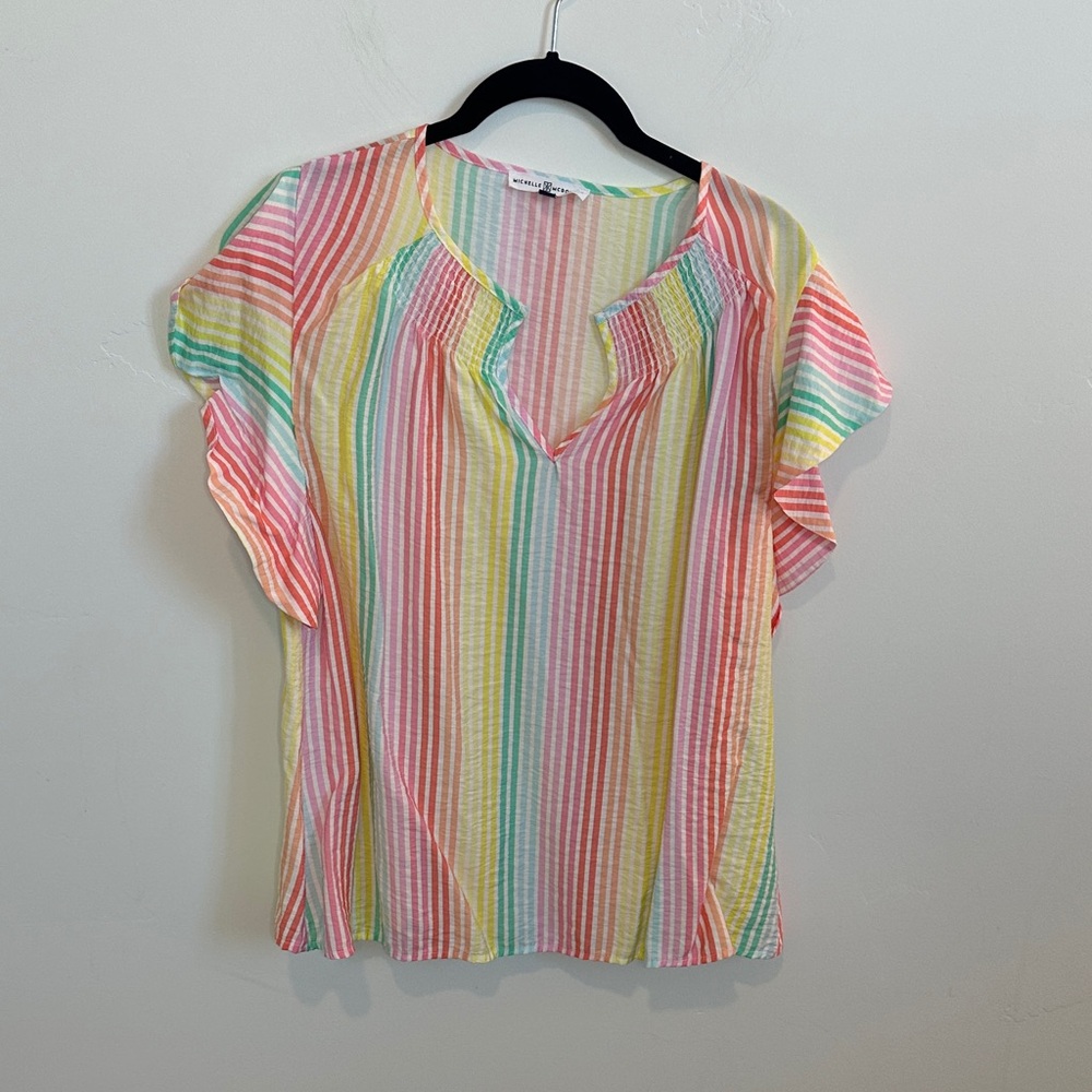 Michelle McDowell Rainbow Striped Short Sleeve Top w/smocked neck, Size Large